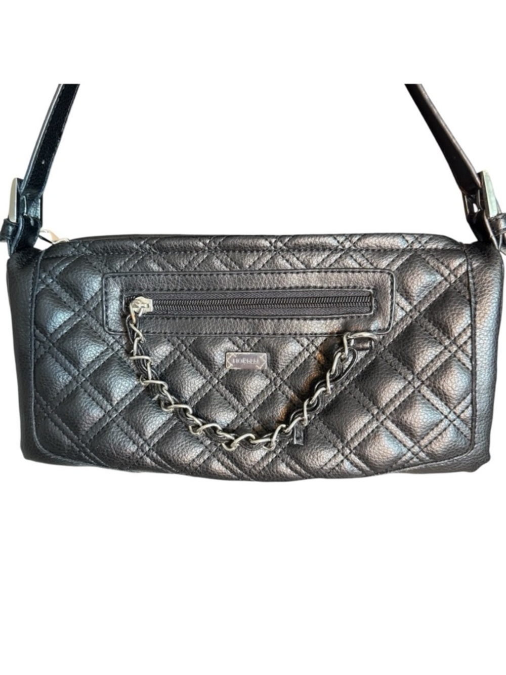 FIORELLI Black Faux Leather Quilted Shoulder Bag Handbag Purse Chain East West